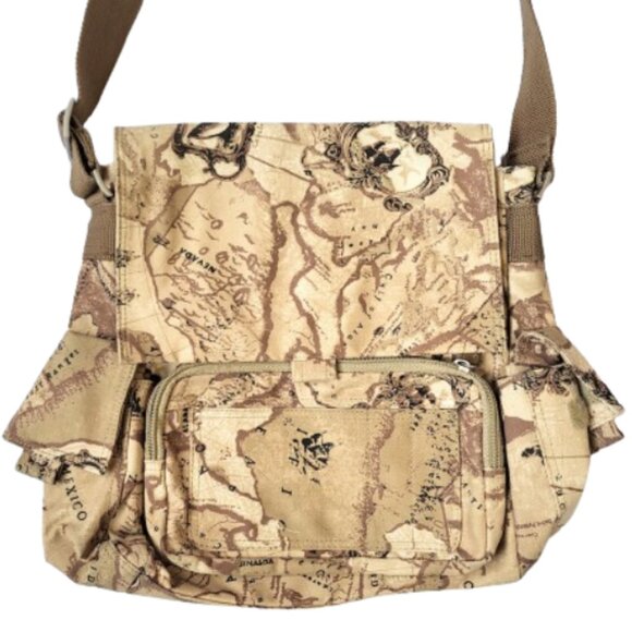 PRESTON & YORK Vintage 90's Brown & Tan Map Army Messenger Travel Tote Bag - Picture 7 of 9